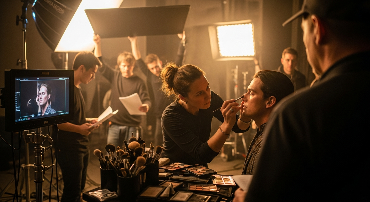 Makeup being applied to an actor beside a mirror on set