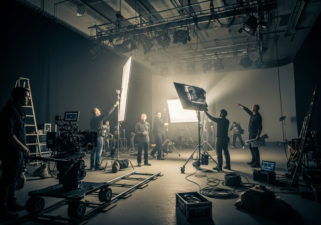 A film crew gathered around monitors and lighting rigs on an indoor set